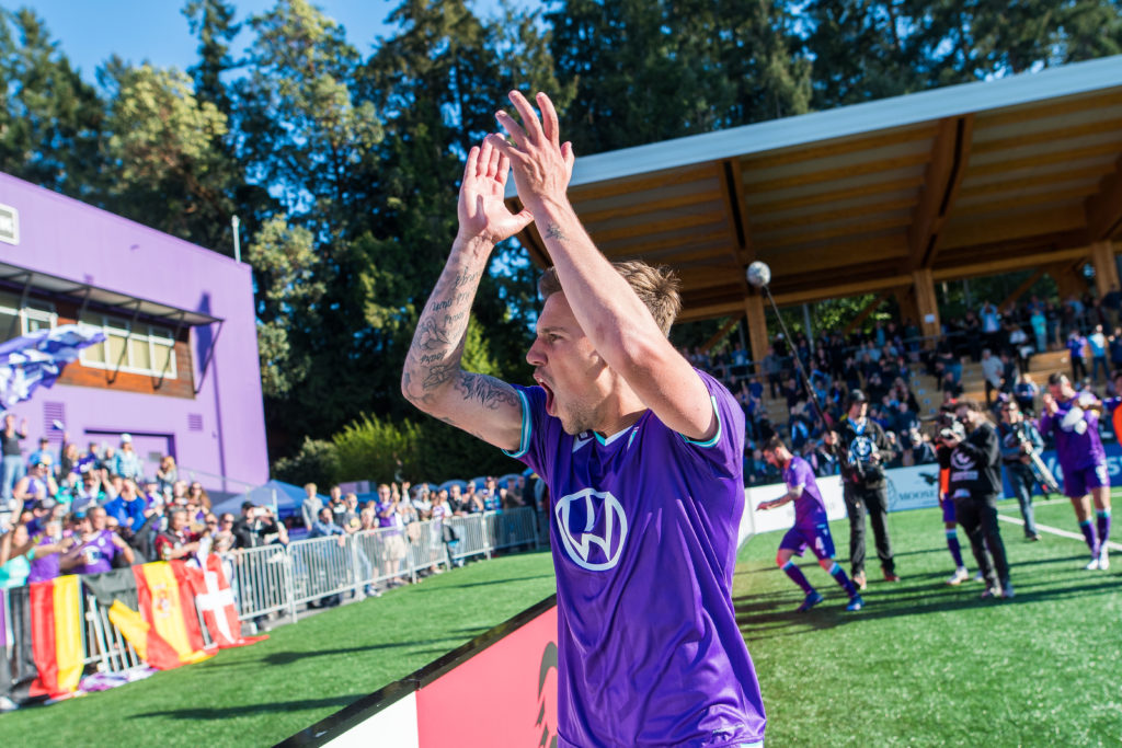 Pacific FC's Ben Fisk celebrates an opening win for club and league. (Photo: Pacific FC).