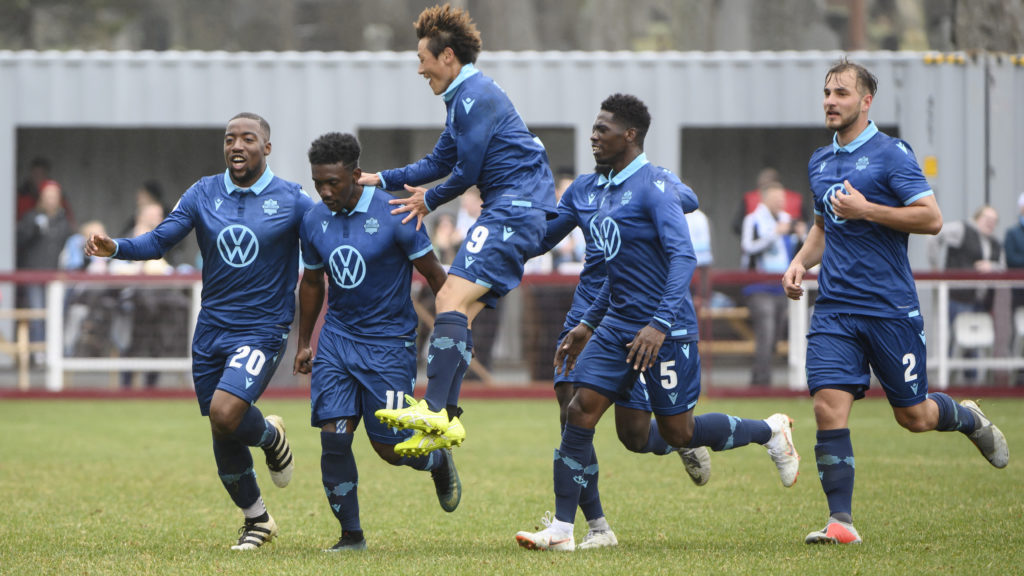 HFX Wanderers celebrate the club's first goal, scored against Forge FC by Akeem Garcia during the first half of Canadian Premier League match at Wanderers Grounds in Halifax. (Darren Calabrese/CPL).