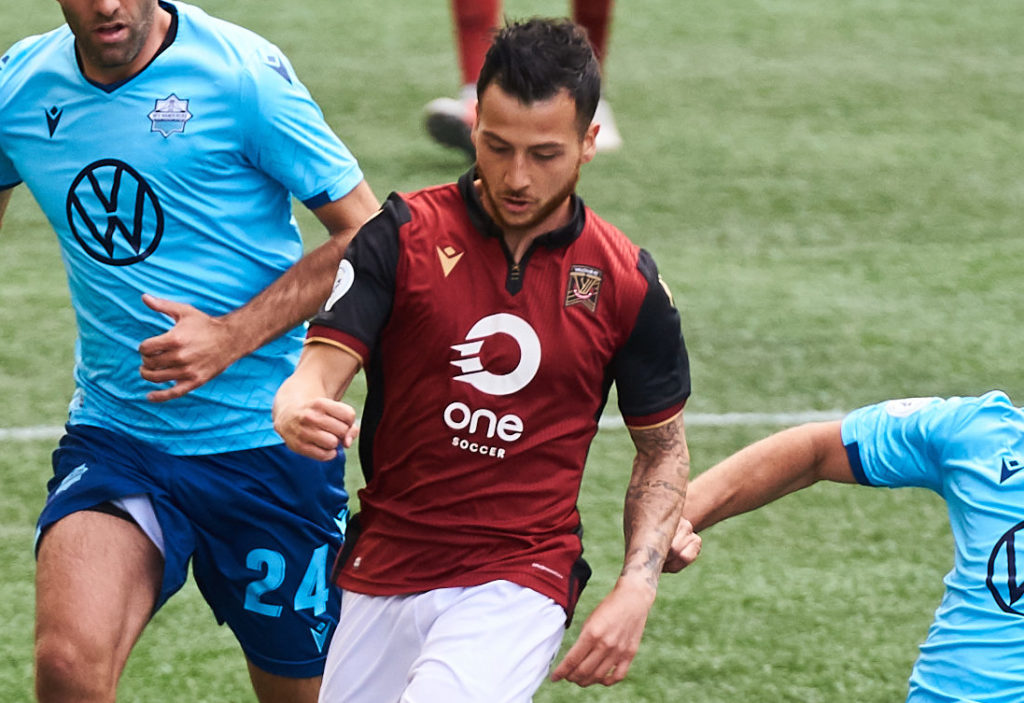 Valour's Marco Bustos makes his club debut against HFX Wanderers FC. (Photo: David Lipnowski/CPL).