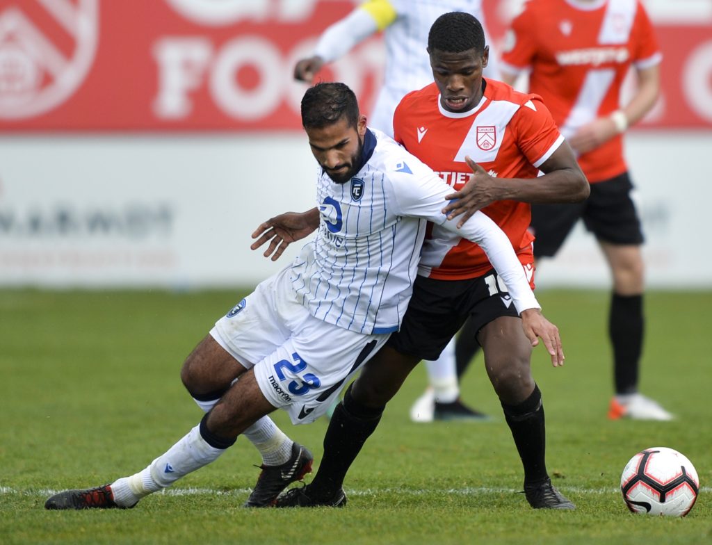 Canadian Premier League - Cavalry FC v FC Edmonton - Calgary, Alberta, Canada May 18, 2019 Ajay Khabra of FC Edmonton and Elijah Adekugbe of Cavalry FC Mike Sturk/CPL