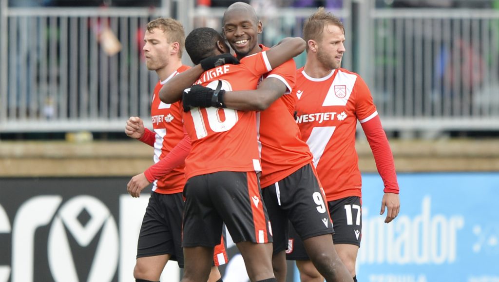 Cavalry FC celebrate a 1-0 win over Al Classico rivals FC Edmonton. (Mike Sturk/CPL).