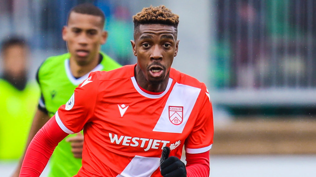 Cavalry FC attacker Dominique Malonga controls the ball against York9 FC. (Sergei Belski-USA TODAY Sports for CPL).