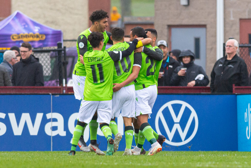 York9 FC celebrates as first half goal. (Trevor MacMillan/CPL)