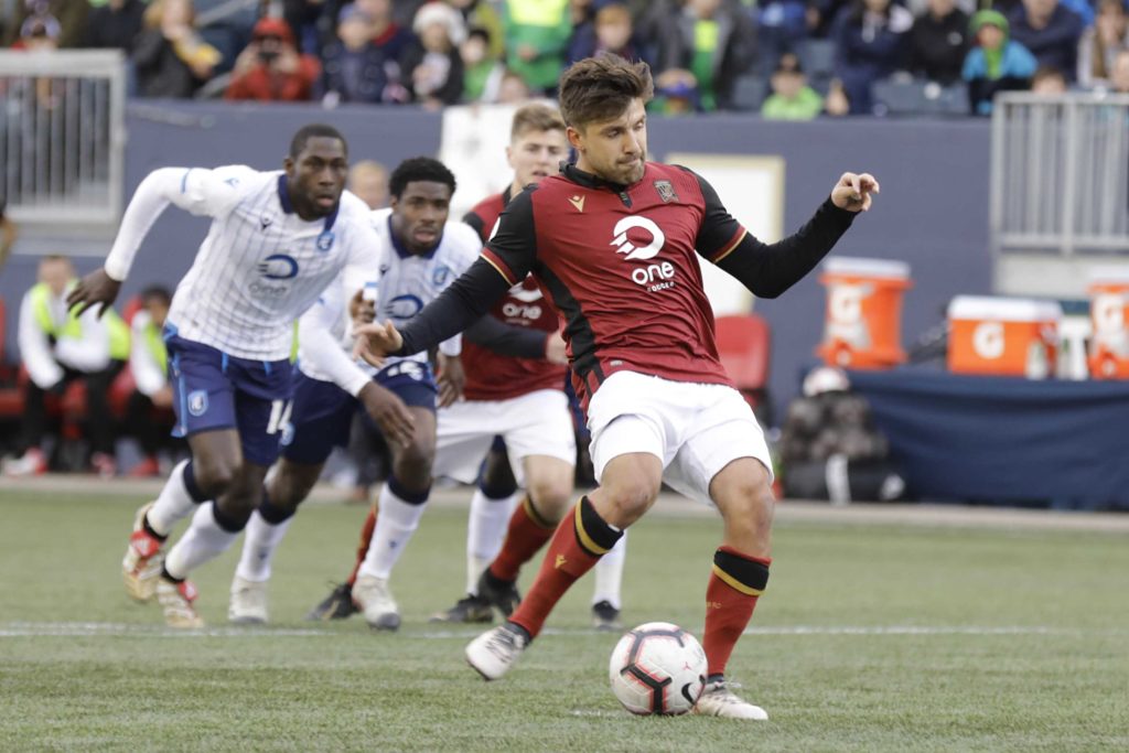 May 4, 2019; Winnipeg, Manitoba, CAN; Valour FC midfielder Michael Petrasso (9) takes a penalty kick in the second half against the FC Edmonton during a Canadian Premier League soccer match at Investors Group Field. Mandatory Credit: James Carey Lauder-USA TODAY Sports for CPL