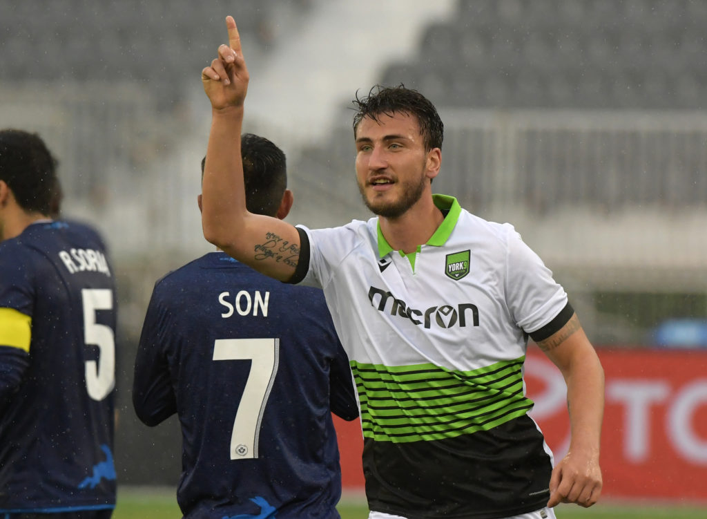 York9 defender Luca Gasparotto (13) reacts after scoring against FC Edmonton in the first half of a Canadian Championship soccer match at York Lions Stadium. (Photo: Dan Hamilton-USA TODAY Sports for CPL).