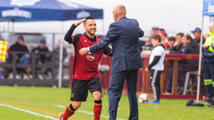 Valour FC midfielder Marco Bustos celebrates a goal with Valour head coach Rob Gale. (Trevor MacMillan/CPL).