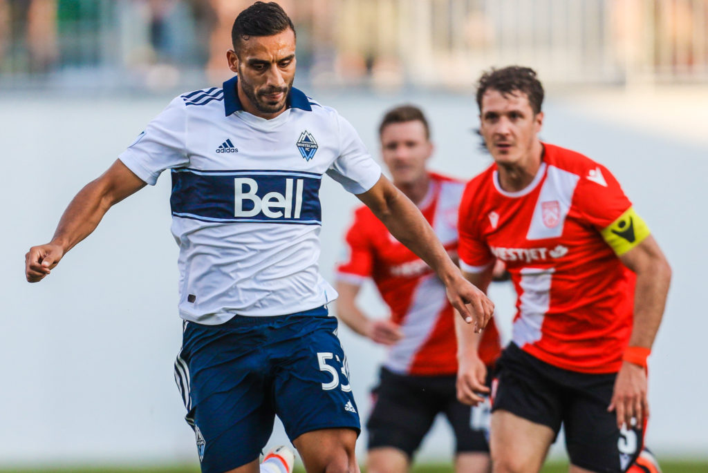 Vancouver Whitecaps defender Ali Al-Tameemi (53) controls the ball against the Cavalry FC during the second half of a Canadian Championship soccer match at Spruce Meadows. Mandatory Credit: Sergei Belski-USA TODAY Sports for CPL