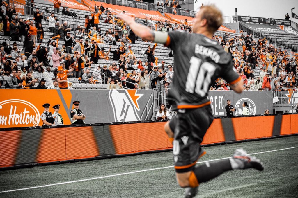 Forge's Kyle Bekker celebrates in front of the home crowd at Tim Hortons Field. (Photo: Nora Stankovic).