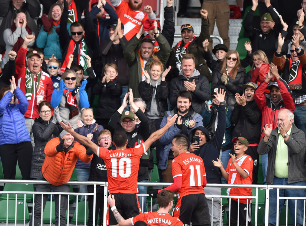 Canadian Premier League – Cavalry FC v FC Edmonton - Calgary, Alberta, Canada Oct. 19, 2019 Sergio Camargo of Cavalry FC celebrates his goal in the second half. Mike Sturk/CPL