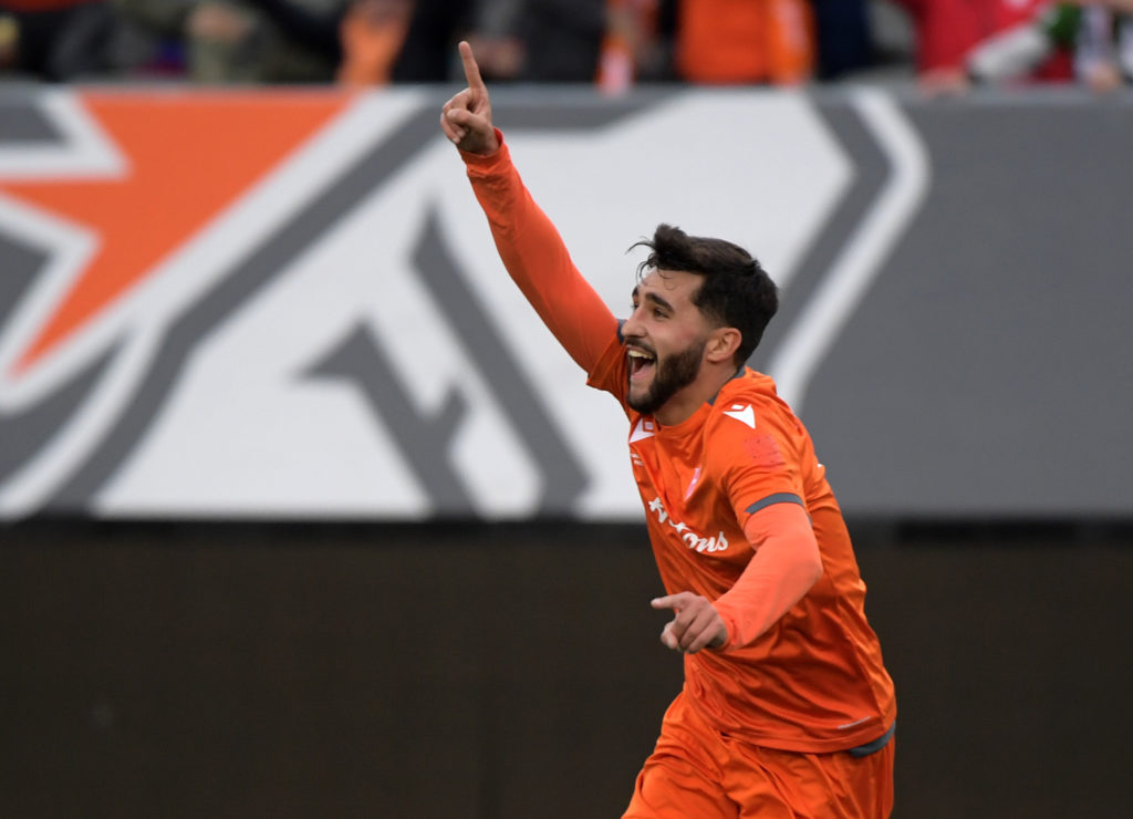 Oct 26, 2019; Hamilton, Ontario, CAN; Forge FC midfielder Tristan Borges (19) celebrates after scoring against Cavalry FC in the first half of a Canadian Premier League soccer final match at Tim Hortons Field. Mandatory Credit: Dan Hamilton-USA TODAY Sports for CPL