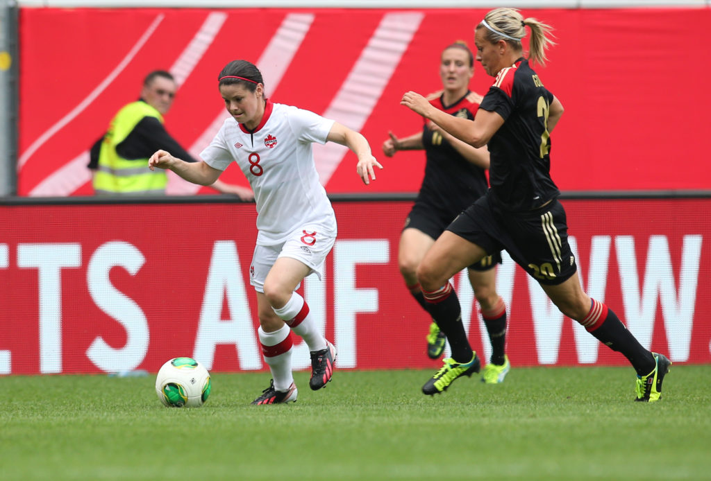 Canadian national team midfielder Diana Matheson, left. (Photo: Canada Soccer)