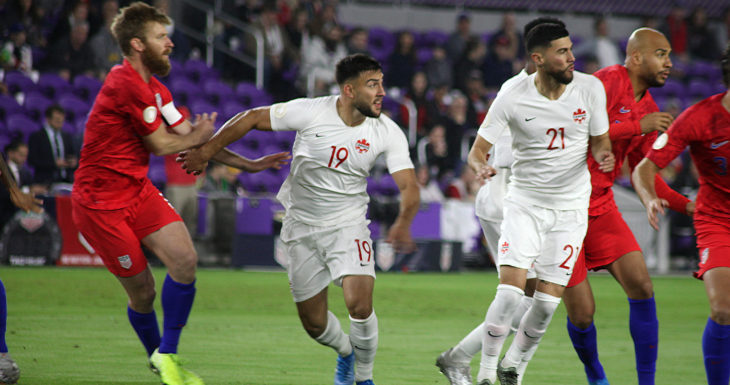 Canada's Lucas Cavallini, and Jonathan Osorio in action for Canada vs. the U.S. on Friday. (Canada Soccer photo)