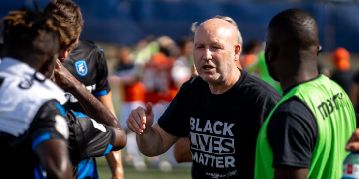 Jeff Paulus addresses his team during their game vs. Forge FC. (Photo: CPL / Chant Photography) 