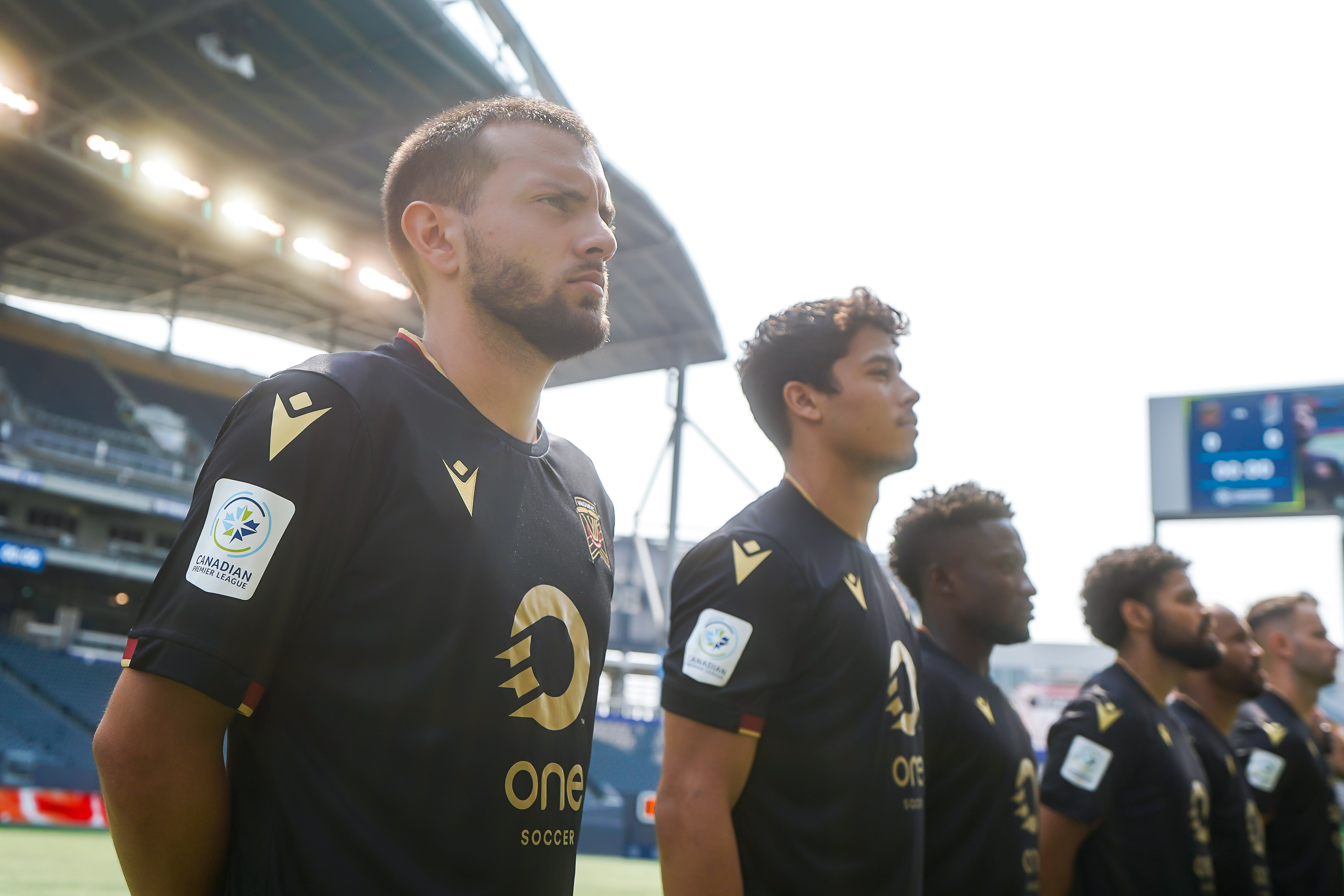 July 11, 2021. Valour FC vs Forge FC. Pre-Game. Keven Alemán and Moses Dyer of Valour FC stand during the playing of 'O Canada'.