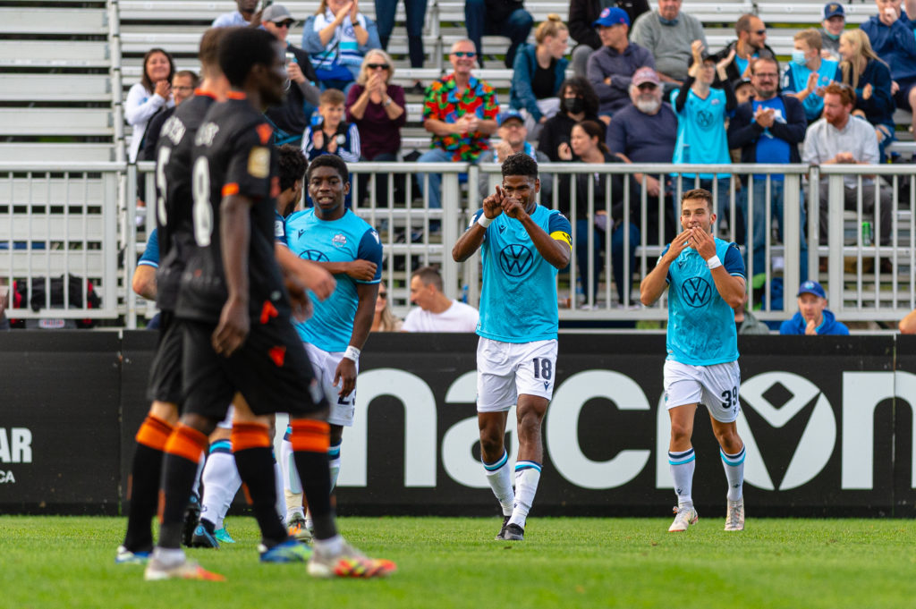 Halifax, Nova Scotia - Sep 03, 2021: The HFX Wanderers celebrate a first half goal during the match between HFX Wanderers FC and Forge FC at the Wanderers Grounds in Halifax, Nova Scotia. (Trevor MacMillan/HFX Wanderers FC)