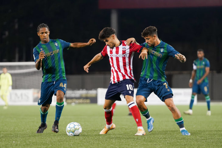 Alberto Soto controls the ball against York United at York Lions Stadium