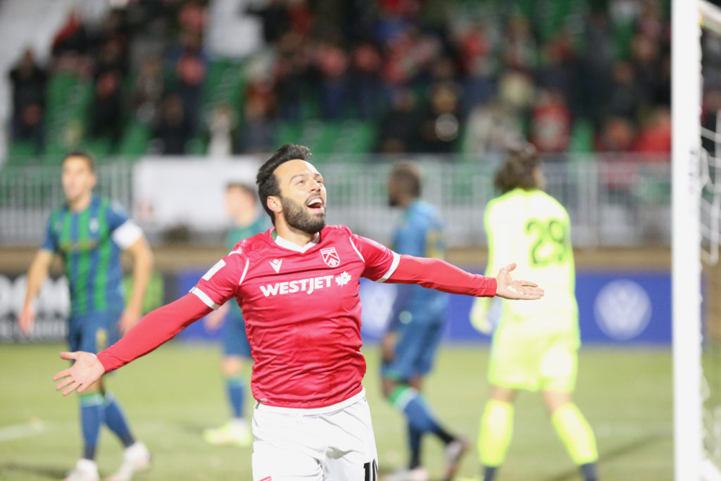 Canadian Premier League-Cavalry FC v York United FC-Sergio Camargo of the Calgary Cavalry celebrates after scoring a goal.Calgary, Alberta,Canada Oct 14,2021, Jack Cusano/CPL