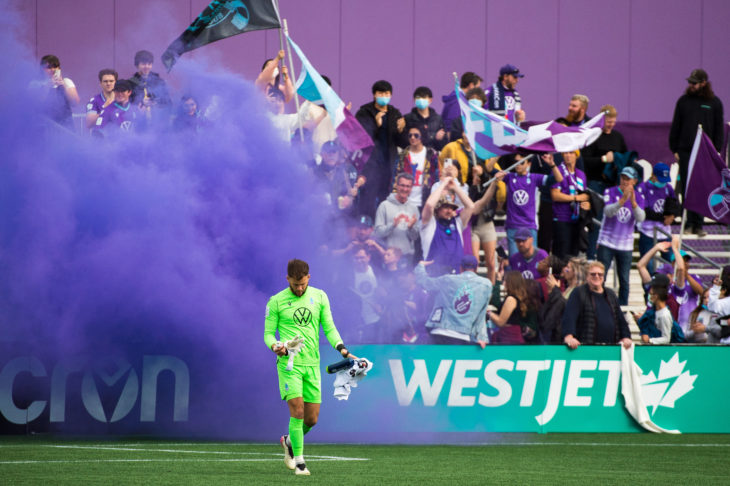 Home fans celebrate Pacific FC's vital win over Valour FC. (Photo: Pacific FC)