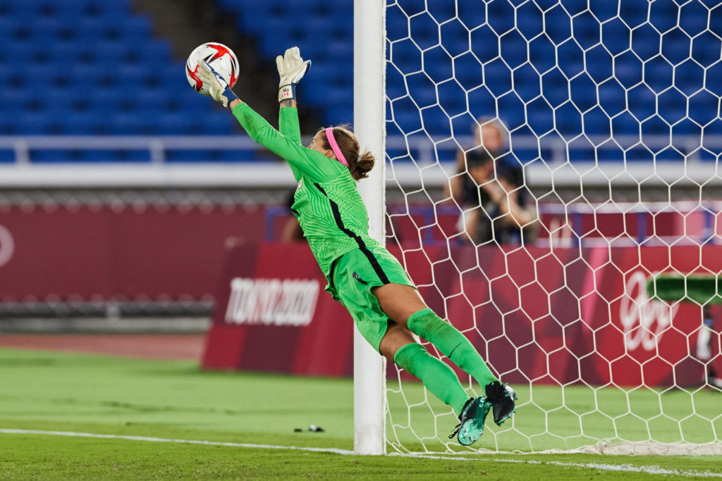 Stephanie Labbé makes a save in the Olympic gold medal-deciding penalty shootout (Photo: Canada Soccer by Mexsport)