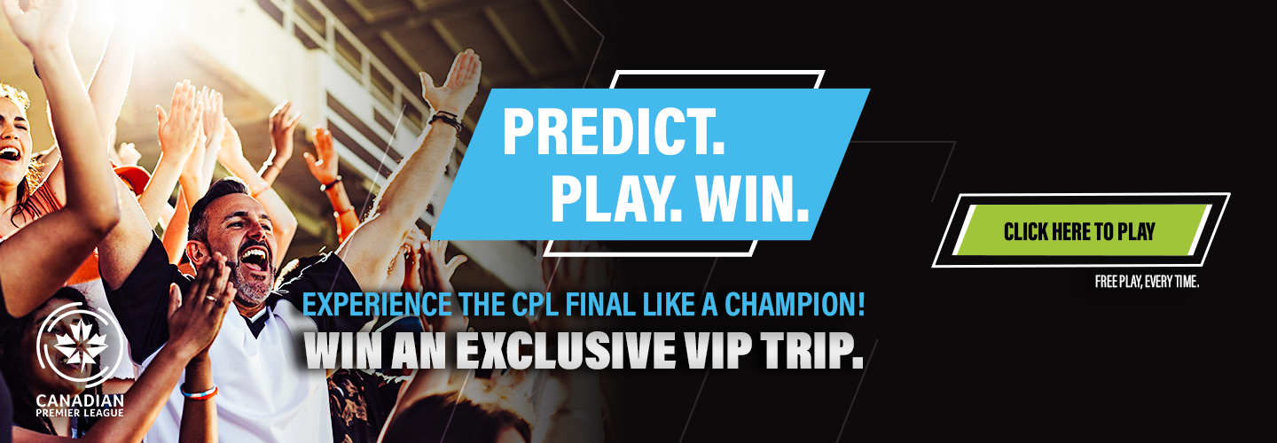 Donate your gently used equipment and keep the ball rolling in purple. On the right two baby goats on a rock with a logo mockup above of Telus and the Canadian Premier League