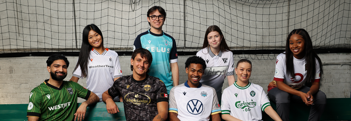 Donate your gently used equipment and keep the ball rolling in purple. On the right two baby goats on a rock with a logo mockup above of Telus and the Canadian Premier League