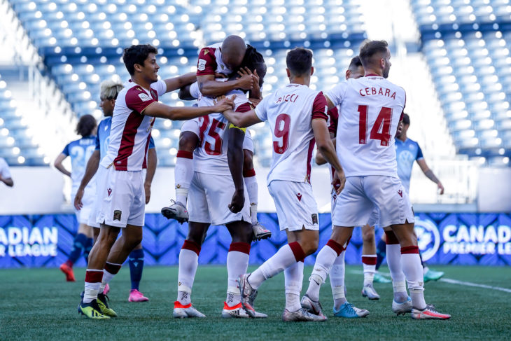 June 30, 2021. Valour FC vs. HFX Wanderers FC. First-Half. Valour FC players celebrate a first half goal by Andrew Jean-Baptiste