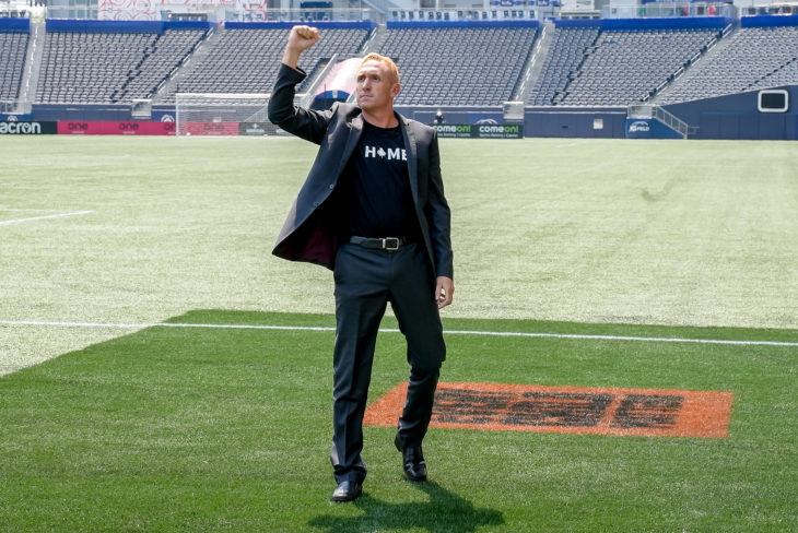 July 11, 2021. Valour FC vs Forge FC. Pre-Game. Valour FC Head Coach Rob Gale shows his appreciation to supporters.