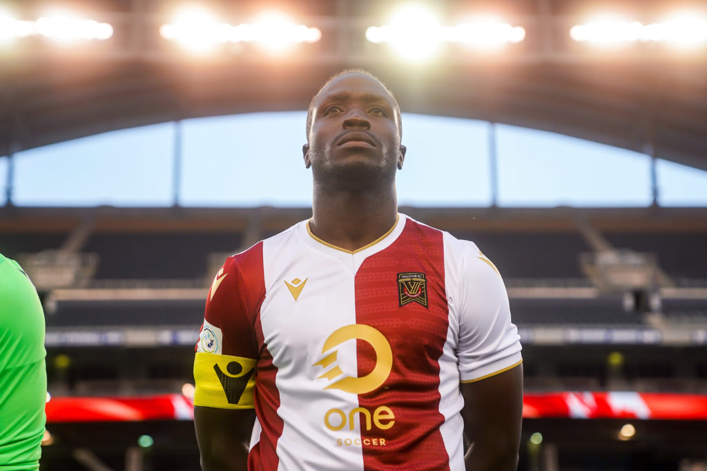 July 7, 2021. York United FC vs Valour FC. Pre-Game. Andrew Jean-Baptiste of Valour FC stands during the playing of 'O Canada'.