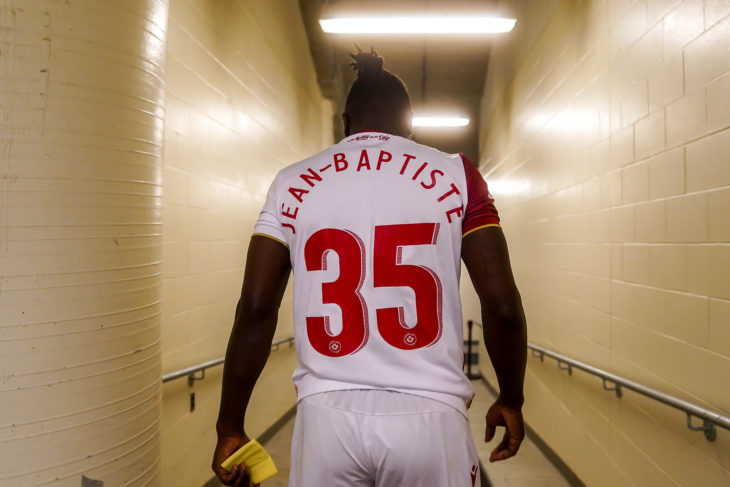 July 7, 2021. York United FC vs Valour FC. Pre-Game. Andrew Jean-Baptiste of Valour FC heads to the pitch.