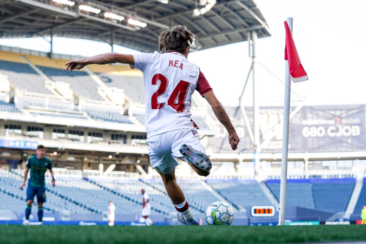 July 18, 2021. Valour FC vs York United FC. First-Half. Sean Rea of Valour FC takes a corner kick.